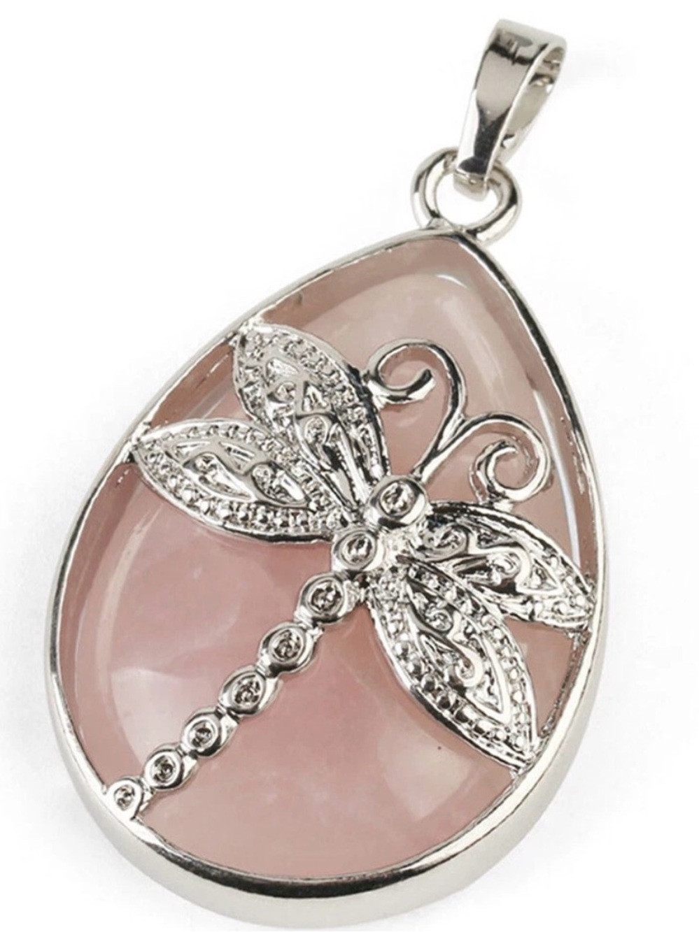 Silver Dragonfly Pendant Necklace with Pink Stone